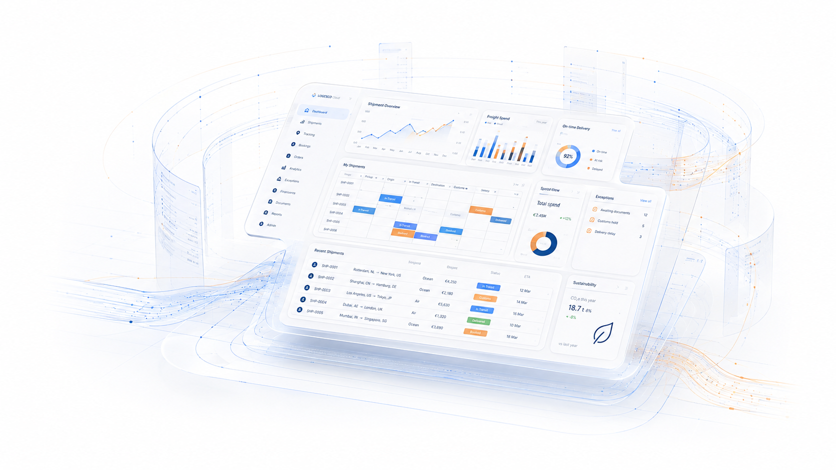 Illustration conceptuelle de la plateforme LOGESCO Cloud : tableau de bord et interfaces modulaires reliées sur fond clair.